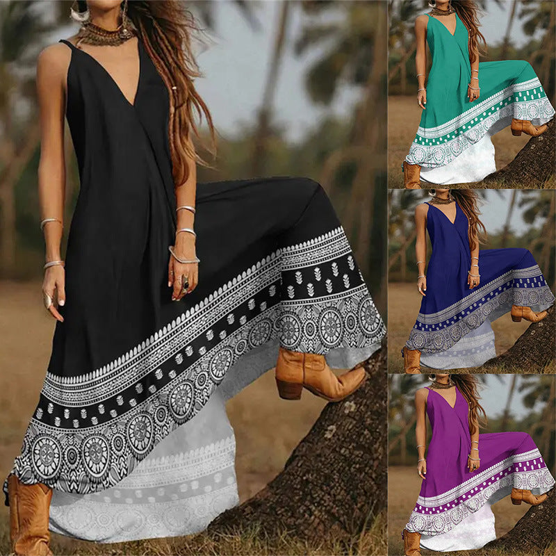 Women Fashion Casual Graphic Print V Neck Spaghetti Strap Maxi Dress