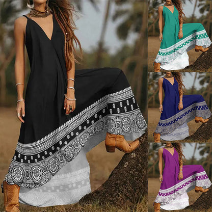 Women Fashion Casual Graphic Print V Neck Spaghetti Strap Maxi Dress