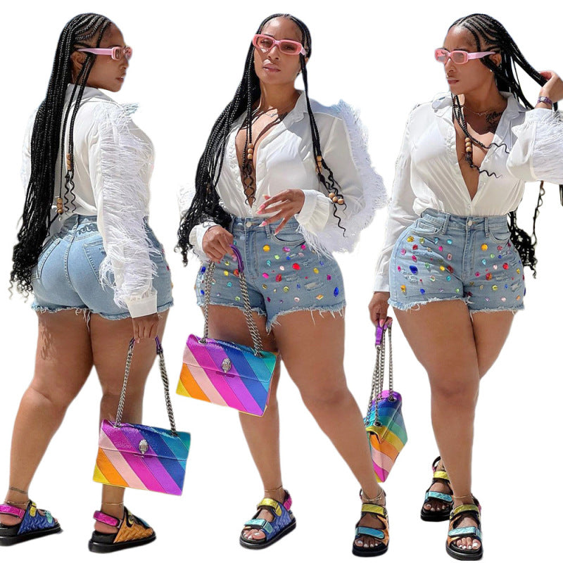 Women Fringed Brushed Denim Shorts Color Diamond Jeans Casual Straight Shorts