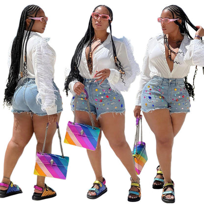 Women Fringed Brushed Denim Shorts Color Diamond Jeans Casual Straight Shorts