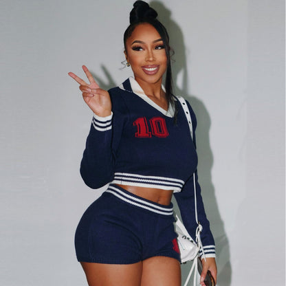 Conjunto de dos piezas de top y pantalones cortos de manga larga con solapa digital informal de moda de verano para mujer