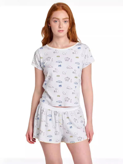Conjunto de pijama de dos piezas con camiseta estampada informal y pantalones cortos holgados para mujer