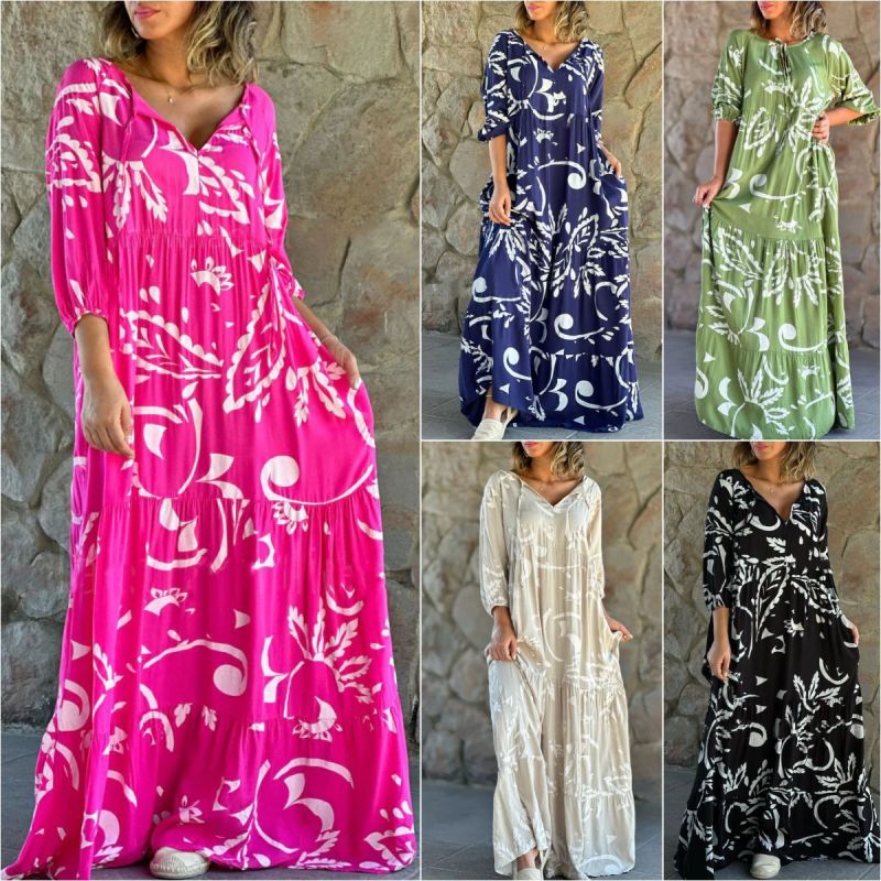 Women Casual Loose Graphic Printed V-Neck Plus Size Dress
