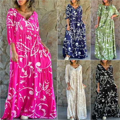 Women Casual Loose Graphic Printed V-Neck Plus Size Dress