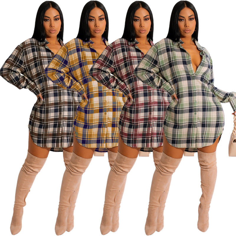 Fashion Women'S Casual Loose Classic Plaid Pattern Long Sleeve Shirt Dress