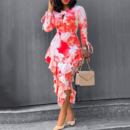 Vestido informal de manga larga con volantes y estampado floral para mujer