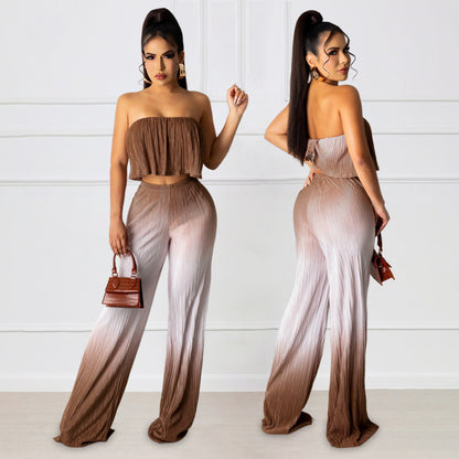 Conjunto de dos piezas de pantalón informal con parte superior plisada y degradado con hombros descubiertos para mujer