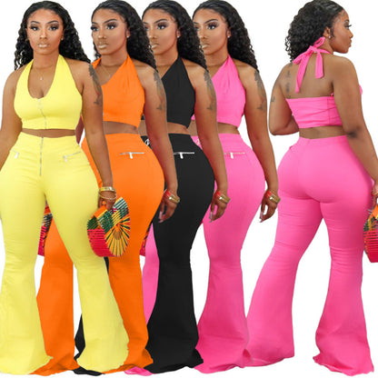 Conjunto de dos piezas de camiseta sin mangas informal y pantalones acampanados para mujer