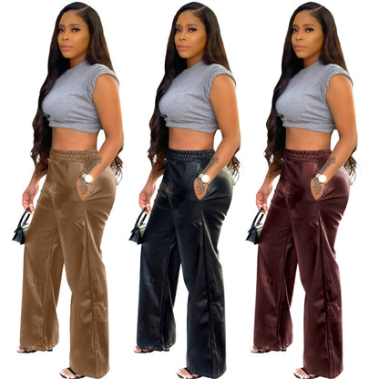 Women PU Leather High Waist Casual Elastic Wide Leg Pants