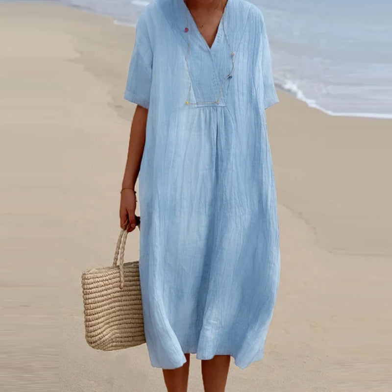 Vestido informal de lino y algodón con cuello en V y color liso para mujer