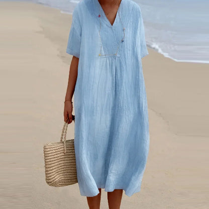 Vestido informal de lino y algodón con cuello en V y color liso para mujer