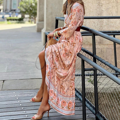 Women Fashion Casual Boho Print Long-Sleeve V-Neck Dress