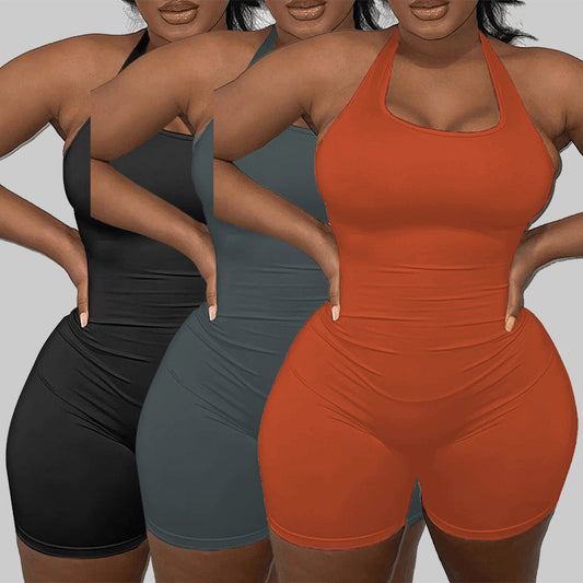 Plus Size Women Casual Solid Color Basic Athleisure Rompers