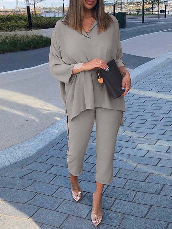 Conjunto de dos piezas de top y pantalón de manga larga con cintura elástica informal de algodón de color liso para mujer