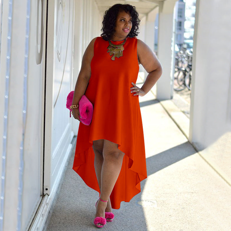 Women Fashion Casual Plus Size Loose Solid Color Round Neck Sleeveless Irregular Skirt Dress