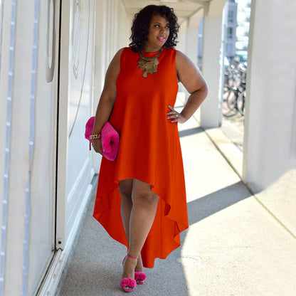 Women Fashion Casual Plus Size Loose Solid Color Round Neck Sleeveless Irregular Skirt Dress
