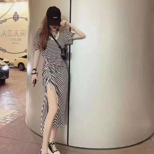 Women Fashion Casual Stripe Printing V-Neck Short Sleeve Drawstring Slit Dress