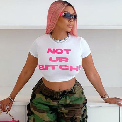 Camiseta corta informal de manga corta con cuello redondo y estampado de letras para mujer