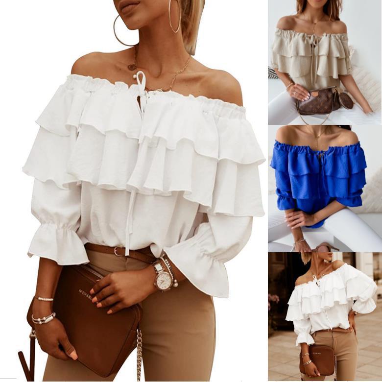 Blusa holgada informal elegante de gasa con hombros descubiertos y volantes para mujer