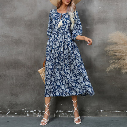 Spring And Summer Women'S Casual High Waist Floral Print V-Neck Half-Sleeve Bohemian Loose Vacation Beach Dress