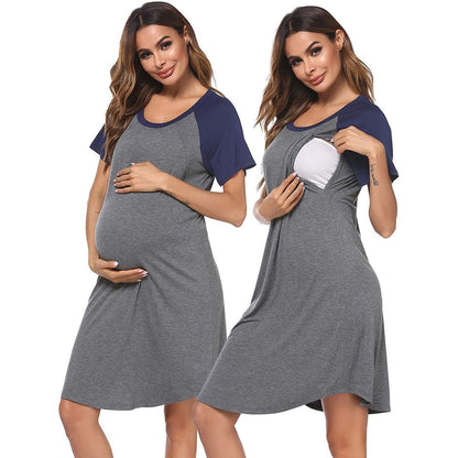Vestido informal de manga corta con cuello redondo y costuras para embarazadas.