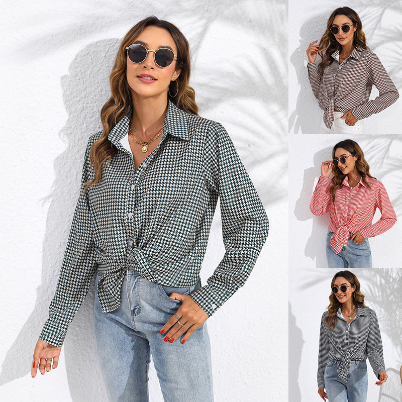 Blusas casuales de manga larga con estampado de cuadros a la moda para mujer