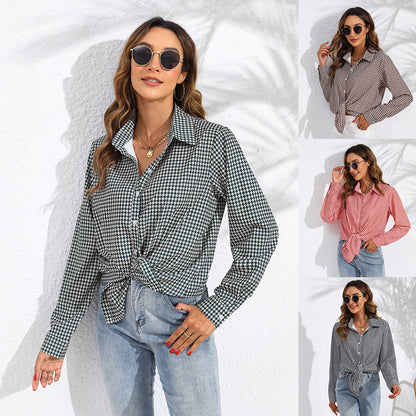 Blusas casuales de manga larga con estampado de cuadros a la moda para mujer