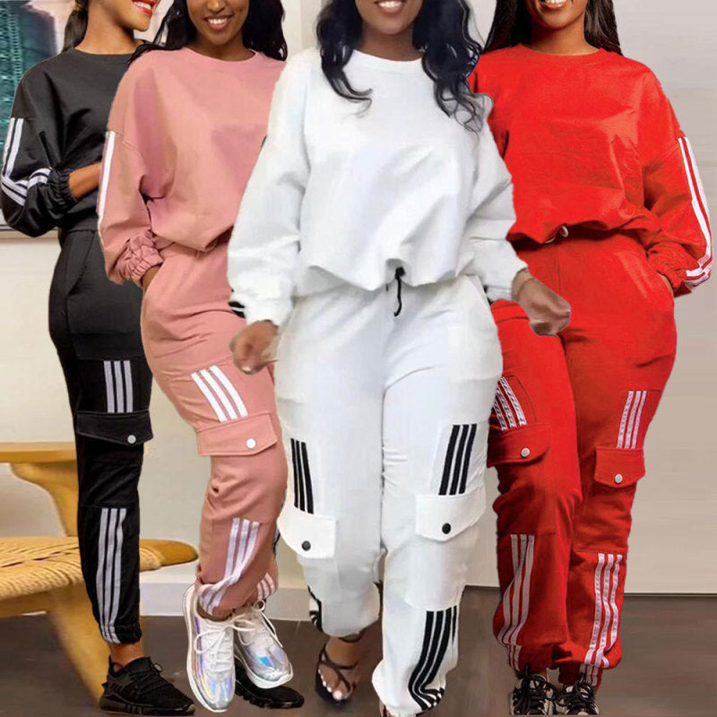 Women Fashion Casual Round Neck Long Sleeve Top Pocket Jogger Pants Two-Piece Set