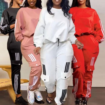 Women Fashion Casual Round Neck Long Sleeve Top Pocket Jogger Pants Two-Piece Set