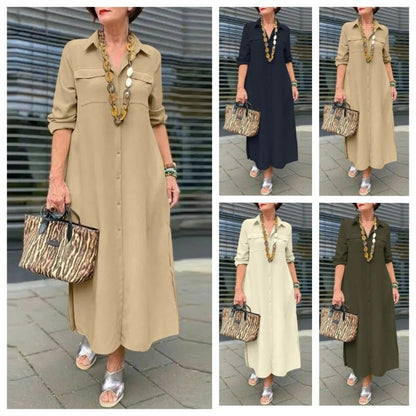Women Fashion Casual Solid Color Long Sleeve Button Laps Plus Size Dress