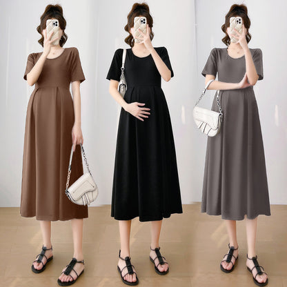 Summer Women Fashion Casual Solid Color Short Sleeve Maternity Dress