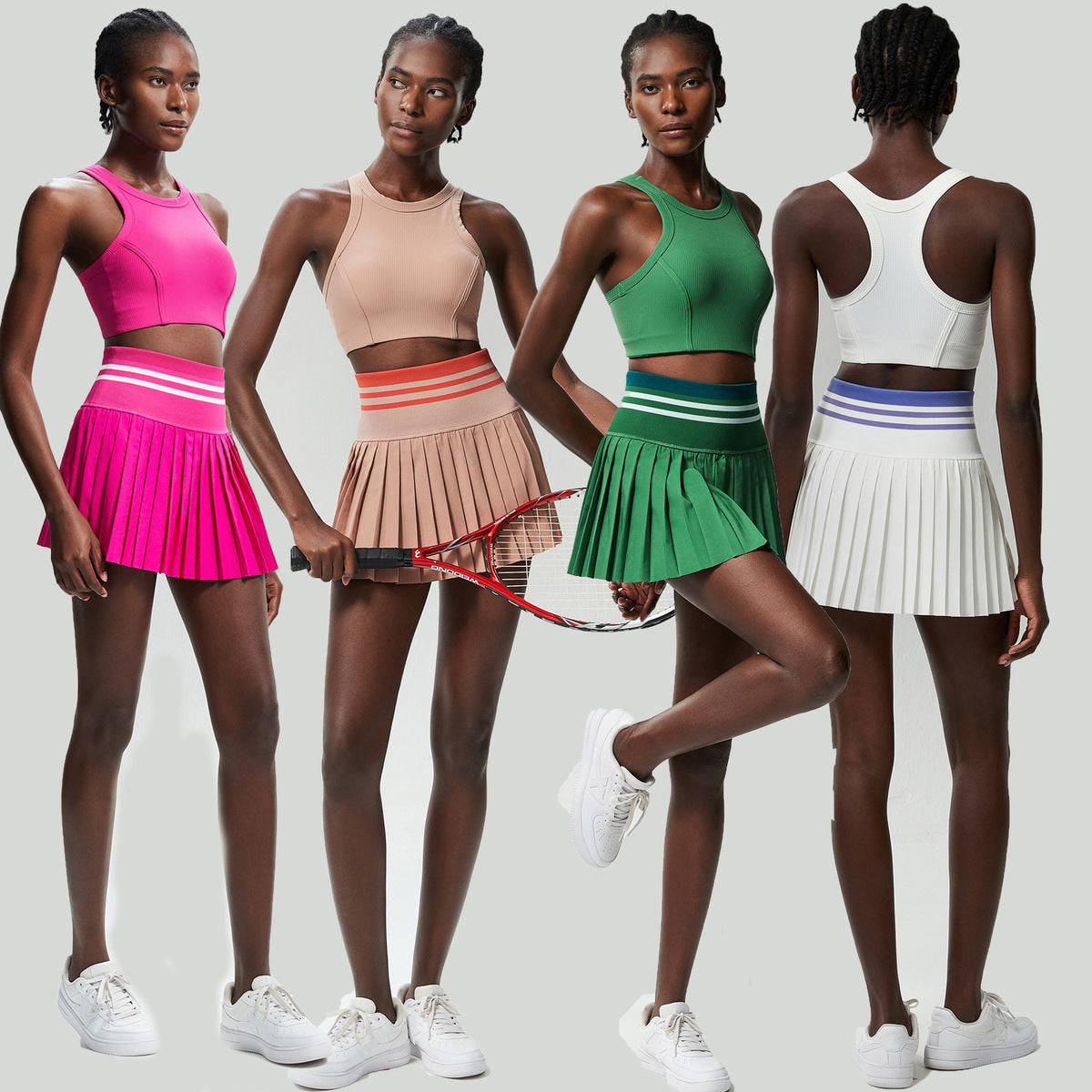 Conjunto de dos piezas de falda plisada de tenis con top deportivo de secado rápido para mujer, informal, de color sólido