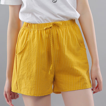Women Casual Cotton Loose Stripe Lace-Up Shorts