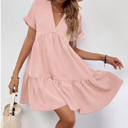 Vestido informal de verano para mujer, con escote en V y manga corta, estilo swing grande