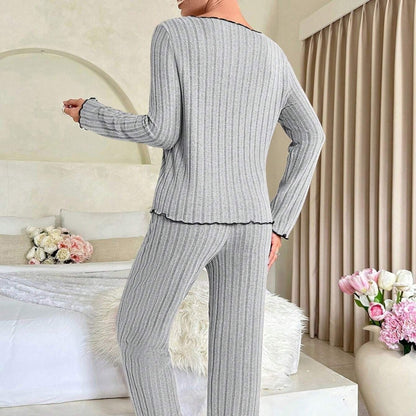 Conjunto de pijama largo de dos piezas con orejas de madera de color liso para mujer