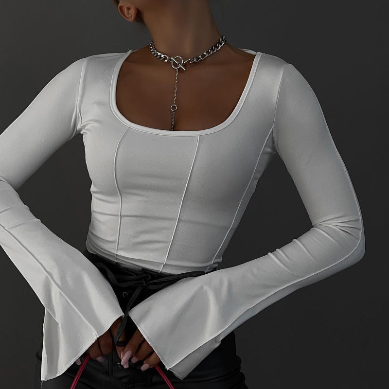 Camiseta informal de manga larga con cuello cuadrado y color liso para mujer