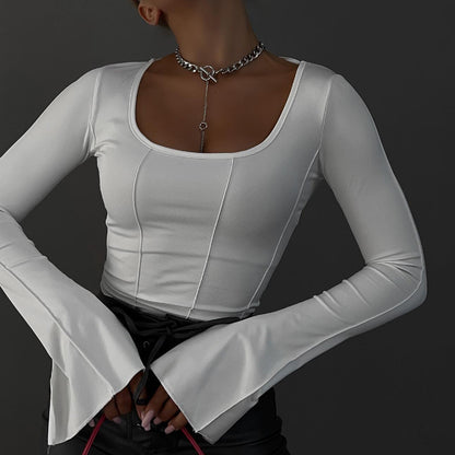Camiseta informal de manga larga con cuello cuadrado y color liso para mujer