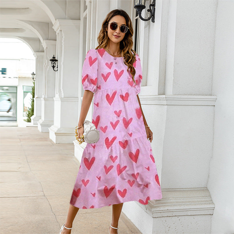 Summer Women Casual Bohemian Short Sleeves Polka Dot Print Loose Ruffle Dress