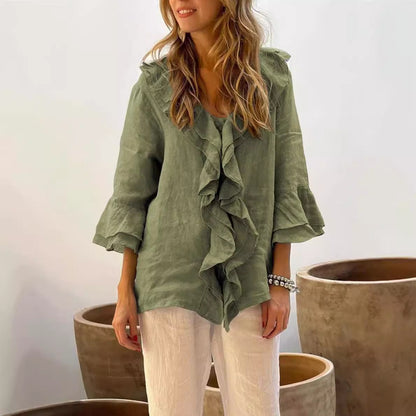 Blusa holgada informal de manga larga con volantes y escote en V de color liso para mujer