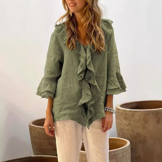 Blusa holgada informal de manga larga con volantes y escote en V de color liso para mujer