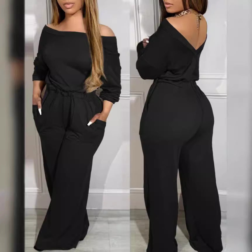Women Simple Casual Solid Color Off Shoulder Jumpsuits