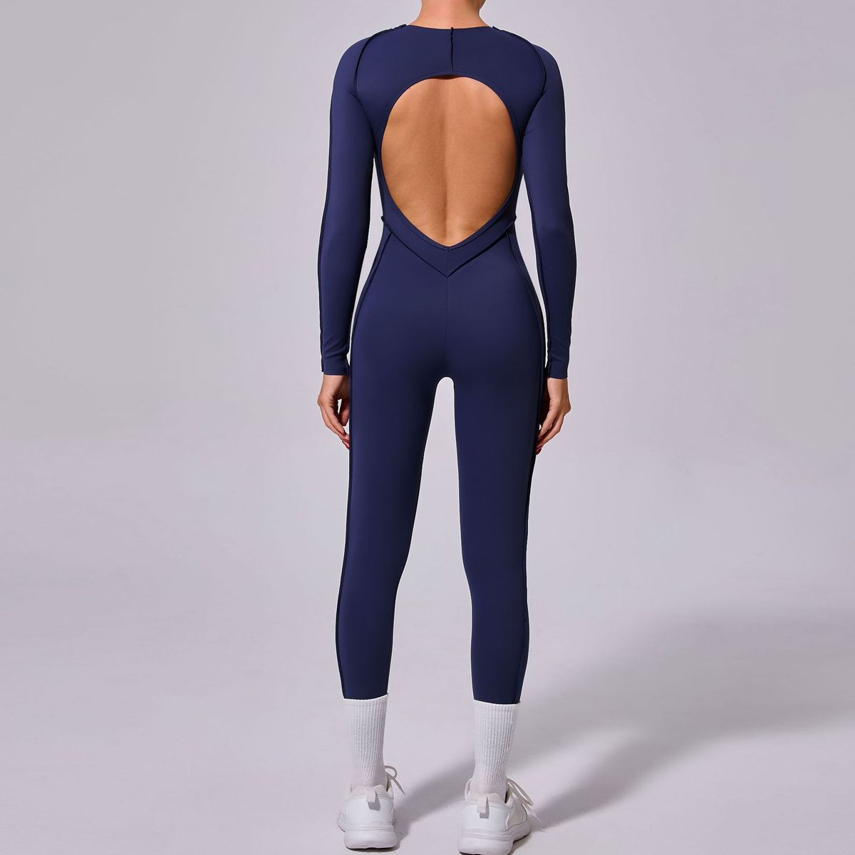 Women Fashion Casual Solid Color Long-Sleeve Backless One-Piece Yoga Sports Jumpsuits