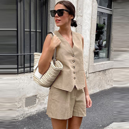 Women Fashion Casual Sleeveless Blazer Vest Shorts Two-Piece Set