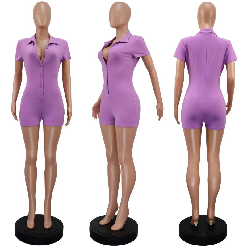 Women Fashion Casual Solid Color Lapel Singl- Breasted Short Sleeve Romper