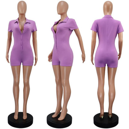 Women Fashion Casual Solid Color Lapel Singl- Breasted Short Sleeve Romper