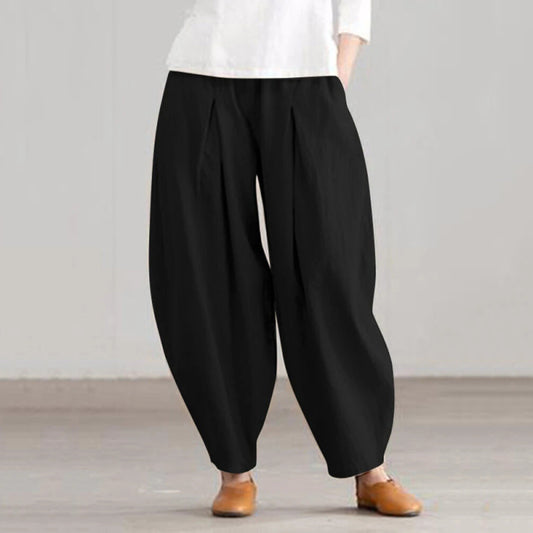 Women'S Fashion Casual Cotton Linen Elastic Waist Harem Wide Leg Pants