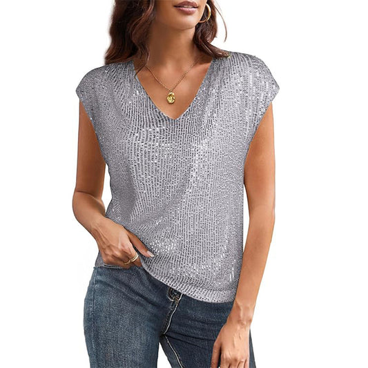 Blusa informal de manga corta con escote en V y lentejuelas de color liso para mujer