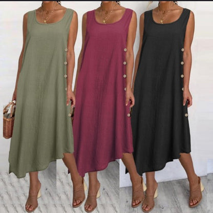 Vestido largo informal de lino y algodón con botones y vuelo irregular para mujer de verano