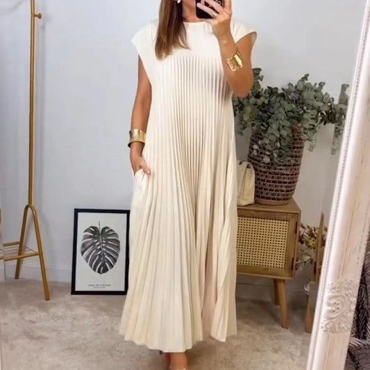 Women Fashion Casual Round Neck Short Sleeve Pleated Maxi Dress