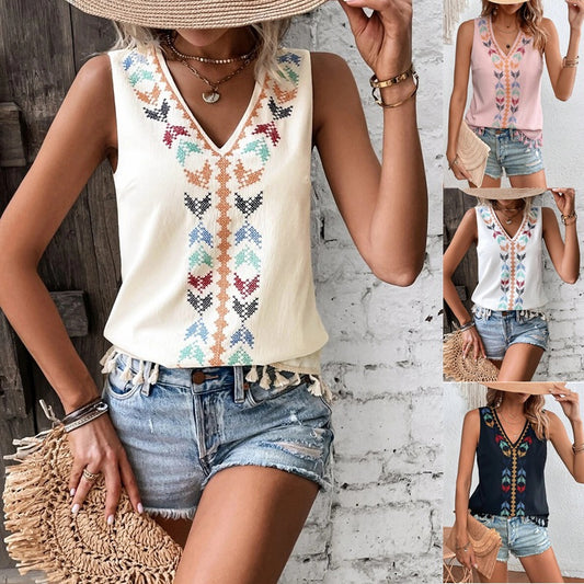 Blusas bohemias informales sin mangas con cuello en V y borlas bordadas de patchwork para mujer